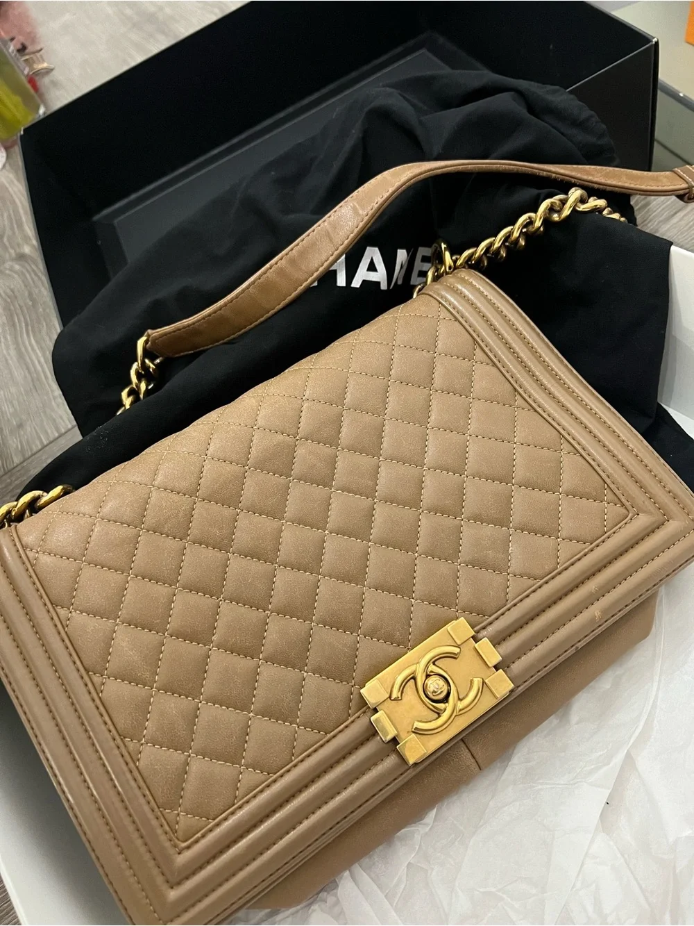 CHANEL medium Boy Quilted Leather Shoulder Bag in Taupe with Gold Hardware